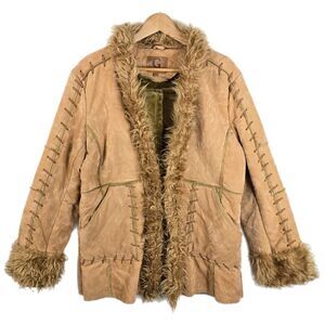 Vtg Gazoz Tan Faux Fur Jacket Size Large Sleeve Stitching Penny Lane Style Y2K